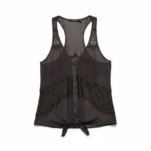 Angl 100% Silk Lace Tie-Front Tank Top Gray XS 2 Petite Whimsigoth Boho Romantic